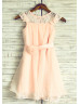 Blush Pink Lace Chiffon Curly Hem Flower Girl Dress With Flower Sash